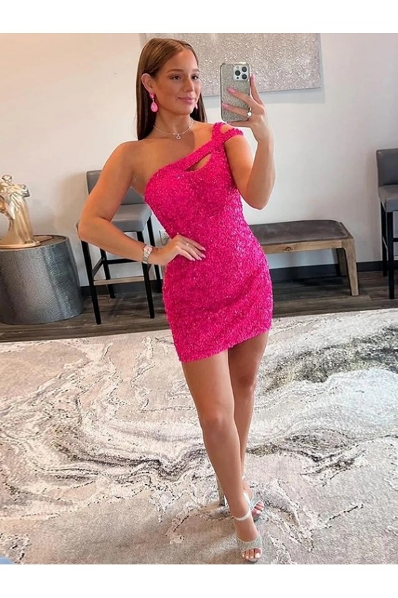 Online Velvet Sequin One Shoulder Sleeveless Short Prom Dress UK