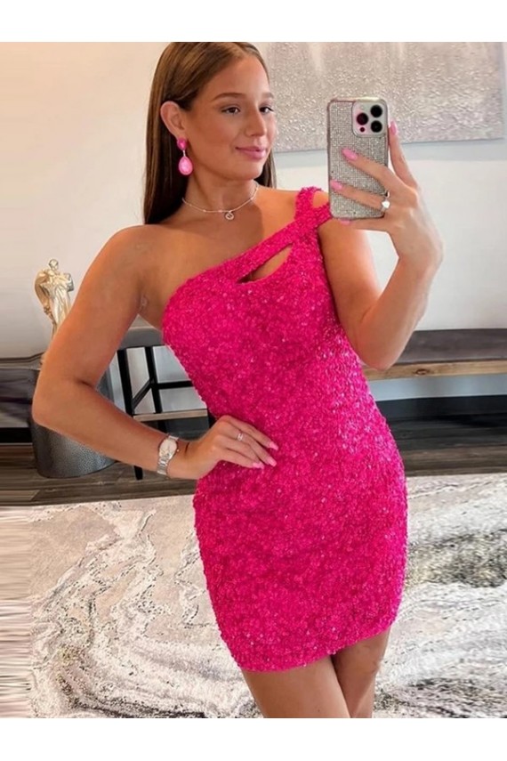 Online Velvet Sequin One Shoulder Sleeveless Short Prom Dress UK