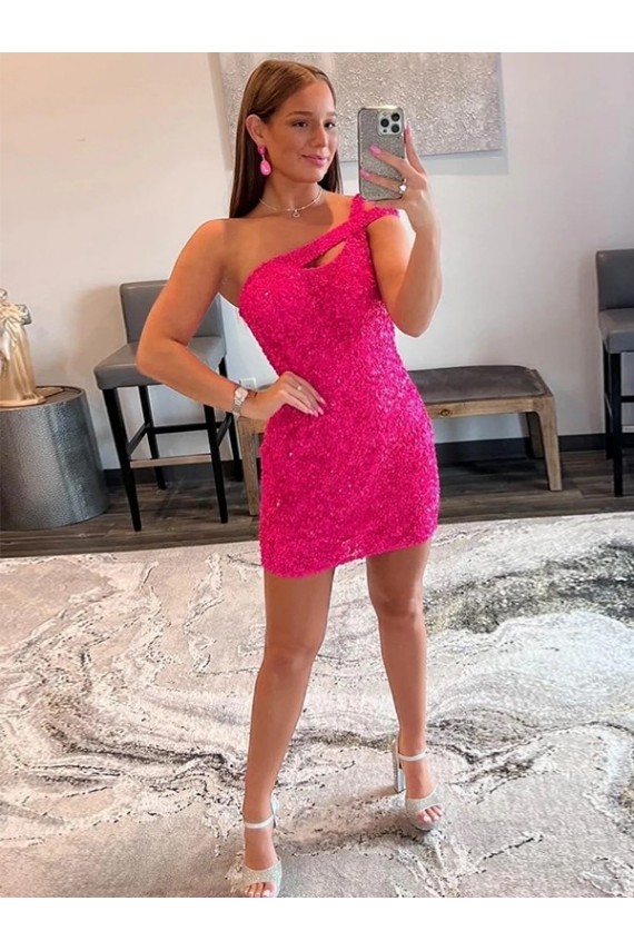 Online Velvet Sequin One Shoulder Sleeveless Short Prom Dress UK
