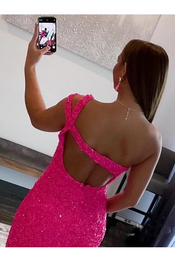 Online Velvet Sequin One Shoulder Sleeveless Short Prom Dress UK