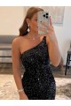 Online One Shoulder Sleeveless Short Velvet Sequin Prom Dress UK