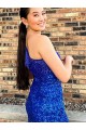 Online One Shoulder Sleeveless Short Velvet Sequin Royal Blue Prom Dress UK