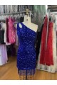Online One Shoulder Keyhole Sleeveless Short Velvet Sequin Prom Dress UK