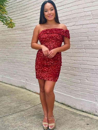 Online Short One Shoulder Sleeveless Velvet Sequin Cocktail Prom Dress UK