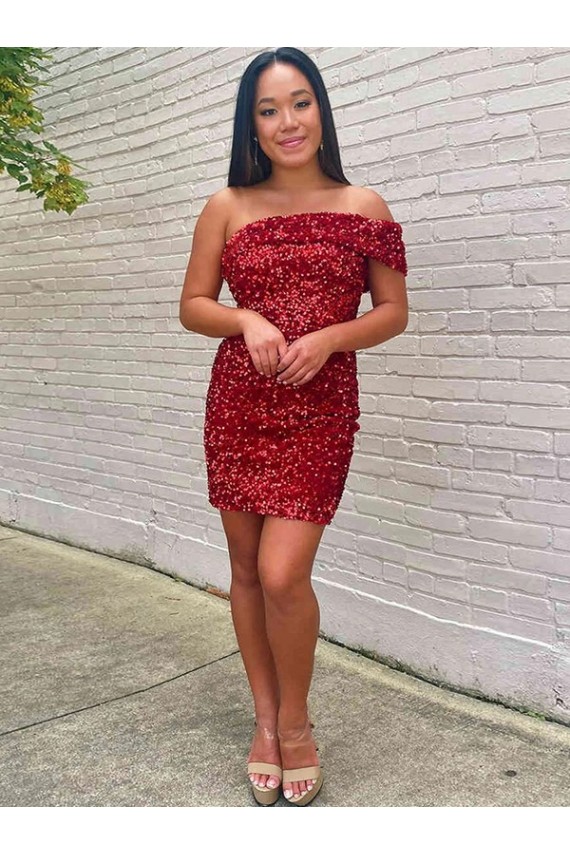 Online Short One Shoulder Sleeveless Velvet Sequin Cocktail Prom Dress UK