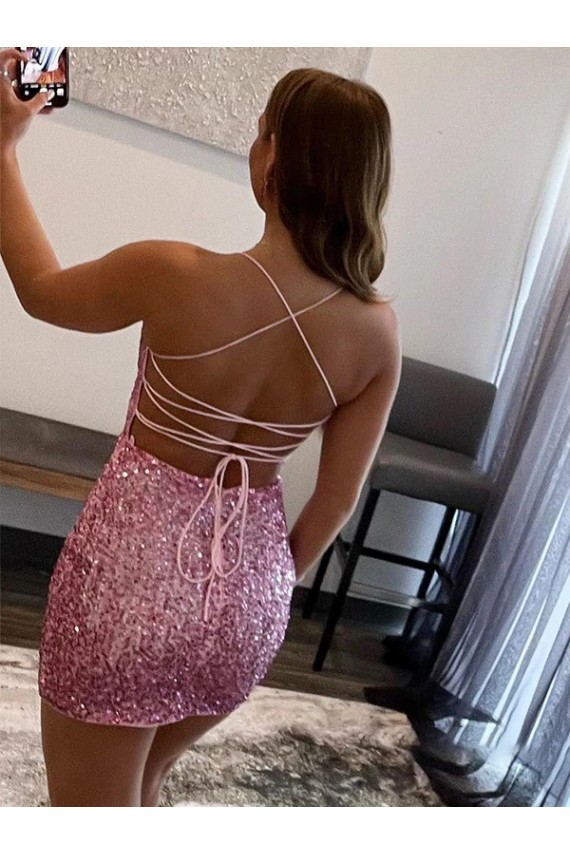Online Spaghetti Straps Sleeveless Short Velvet Sequin Prom Dress UK
