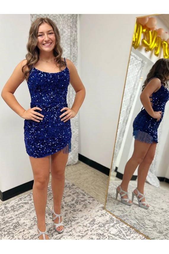 Online Spaghetti Straps Backless Sleeveless Short Velvet Sequin Prom Dress UK