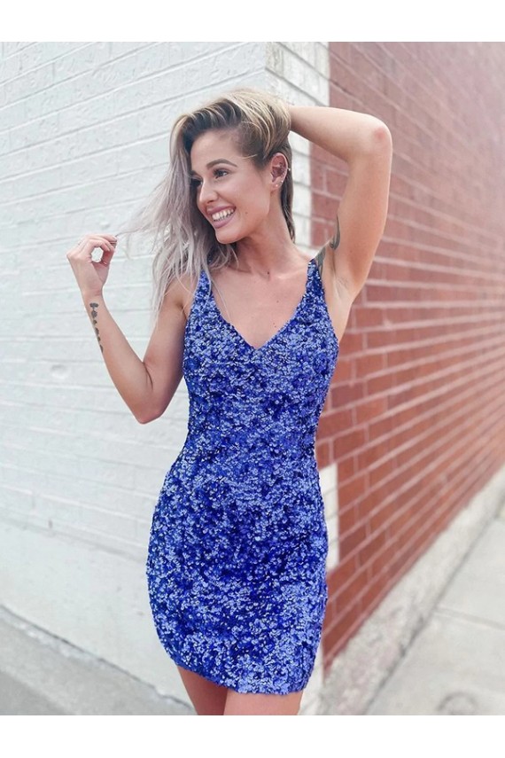 Online Short Velvet Sequin V-Neck Sleeveless Prom Dress UK