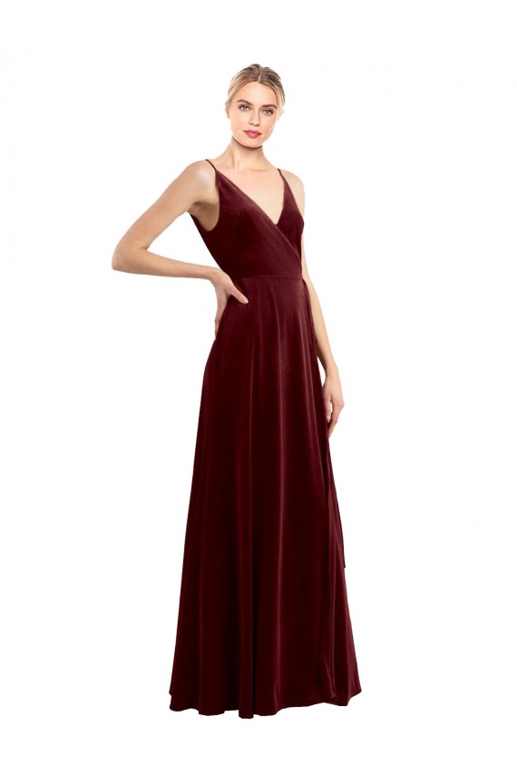 Online Faux Wrap V-Neck Sleek Long Formal Velvet Bridesmaid Dress / Prom Dress UK