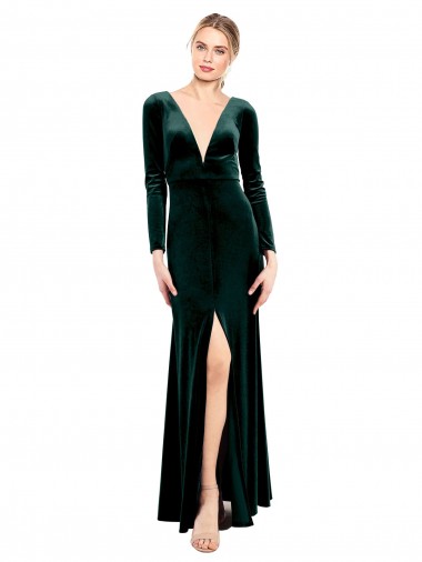 Online Plunging V-Neckline Long Sleeves Open Back Velvet Bridesmaid Dress / Prom Dress UK