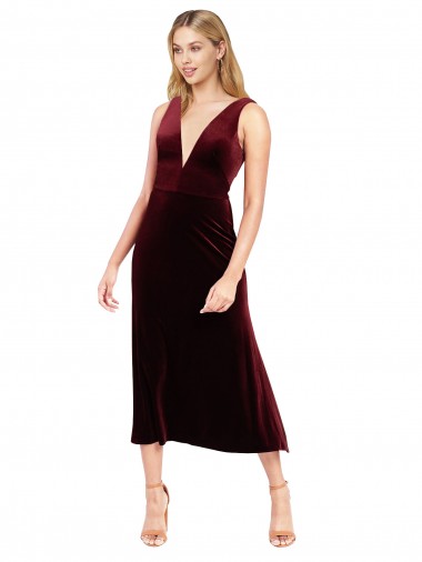 Online Daring Plunging V-Neckline Short Midi Cocktail Length Velvet Bridesmaid Dress / Prom Dress UK