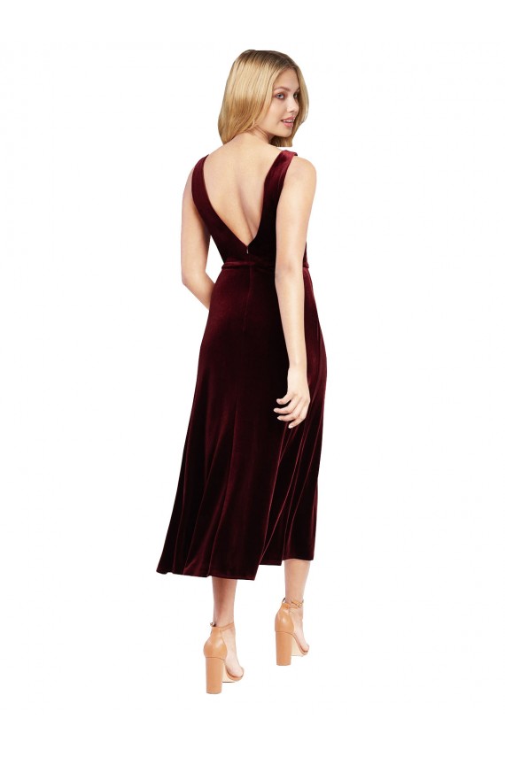 Online Daring Plunging V-Neckline Short Midi Cocktail Length Velvet Bridesmaid Dress / Prom Dress UK