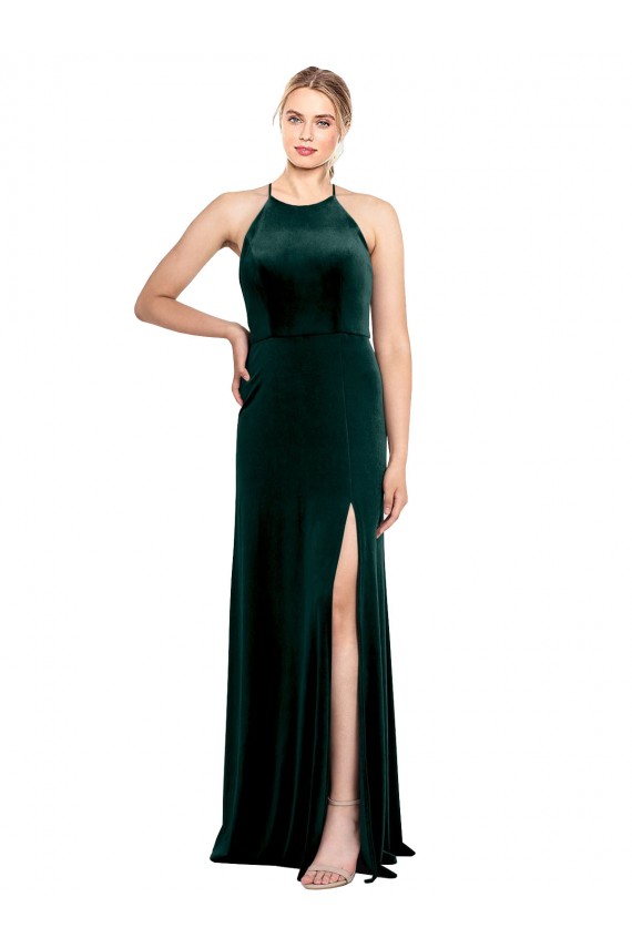 Online Long Jewel Neck Full Length Velvet Bridesmaid Dress / Prom Dress with Side Slit UK