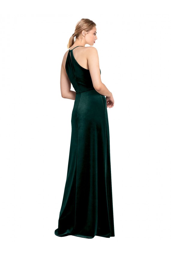Online Long Jewel Neck Full Length Velvet Bridesmaid Dress / Prom Dress with Side Slit UK