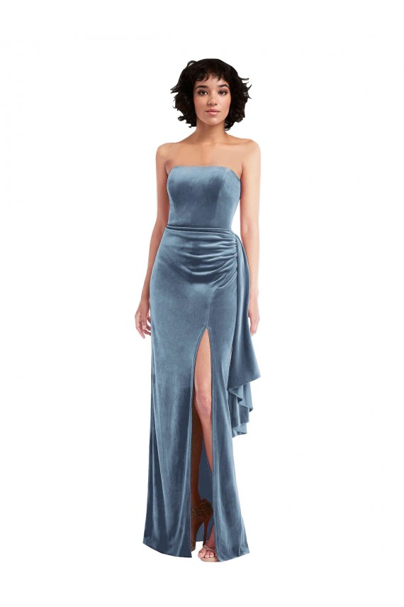 Online Strapless Formal Velvet Maxi Bridesmaid Dress / Prom Dress with Draped Skirt UK