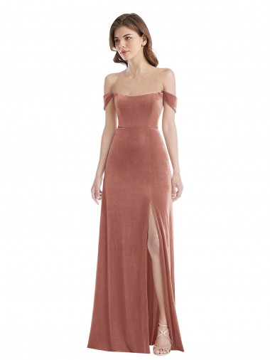 Online Off the Shoulder Flounce Sleeve Velvet Maxi Bridesmaid Dress / Prom Dress with Pockets UK
