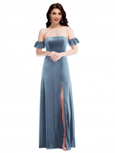 Online Ruffle Sleeve Off the Shoulder Velvet Maxi Bridesmaid Dress / Prom Dress UK