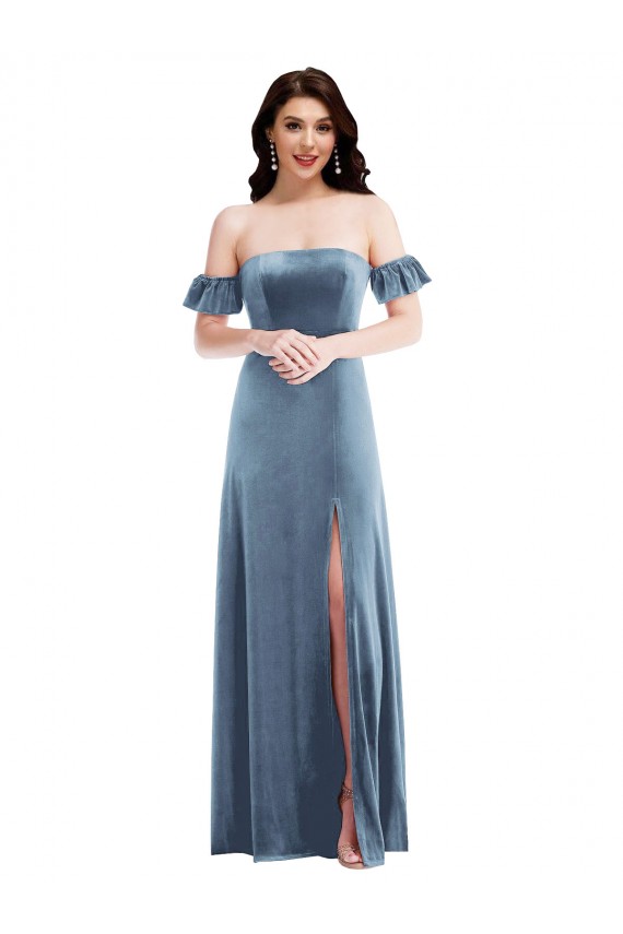 Online Ruffle Sleeve Off the Shoulder Velvet Maxi Bridesmaid Dress / Prom Dress UK