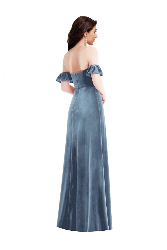 Online Ruffle Sleeve Off the Shoulder Velvet Maxi Bridesmaid Dress / Prom Dress UK