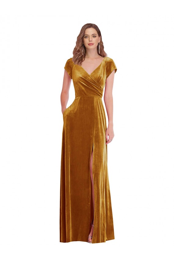 Online Cap Sleeve Faux Wrap Formal Velvet Maxi Bridesmaid Dress / Prom Dress with Pockets UK