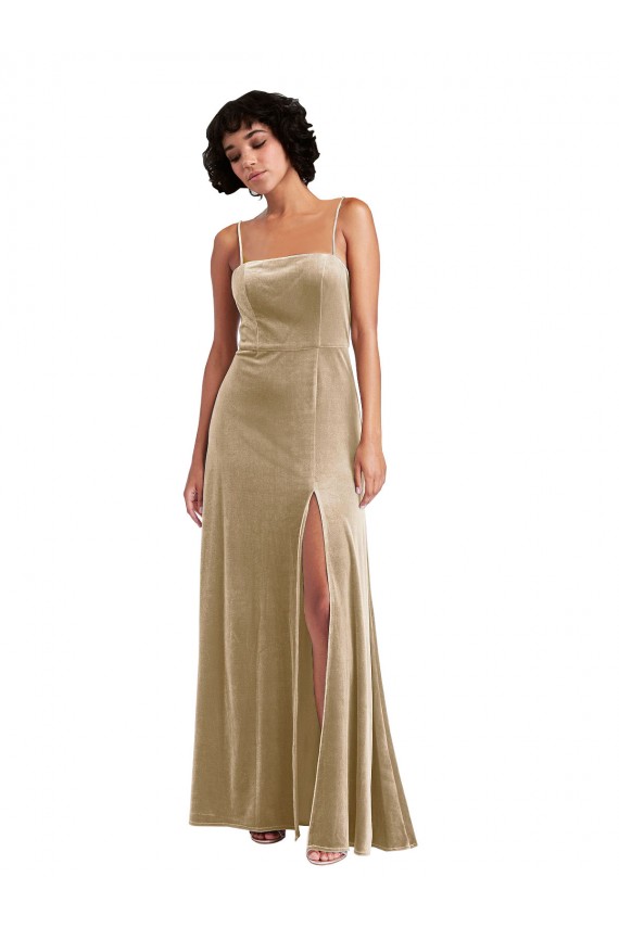 Online Square Neck Formal Velvet Maxi Bridesmaid Dress / Prom Dress with Front Slit & Pockets UK