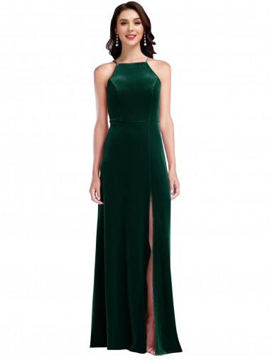 Online Velvet Halter Maxi Bridesmaid Dress / Prom Dress with Pockets & Front Slit UK