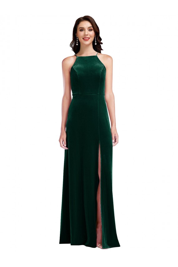 Online Velvet Halter Maxi Bridesmaid Dress / Prom Dress with Pockets & Front Slit UK