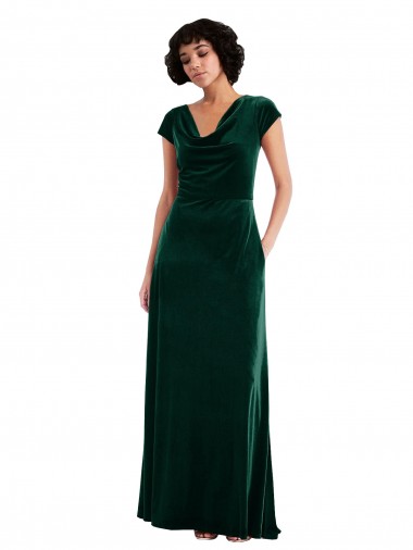 Online Cowl Neck Cap Sleeve Velvet Maxi Bridesmaid Dress / Prom Dress with Pockets UK