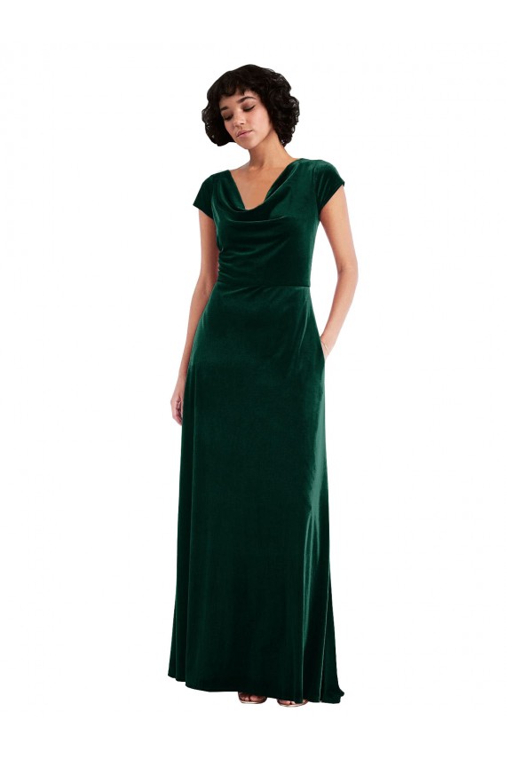 Online Cowl Neck Cap Sleeve Velvet Maxi Bridesmaid Dress / Prom Dress with Pockets UK