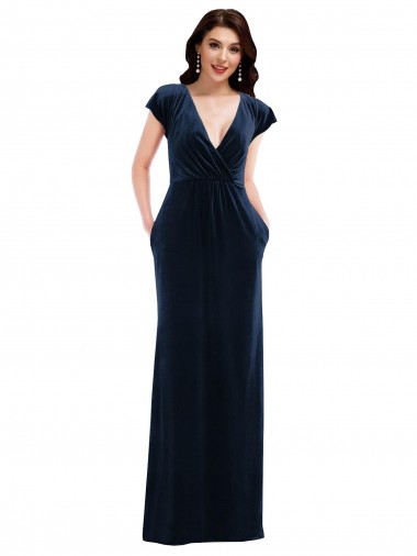 Online Flutter Sleeve Wrap Bodice Formal Velvet Maxi Bridesmaid Dress / Prom Dress with Pockets UK