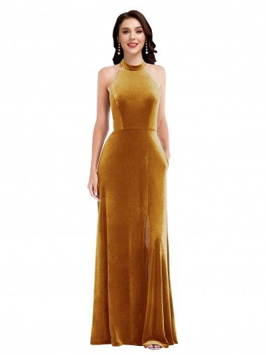 Online High-Neck Halter Velvet Maxi Bridesmaid Dress / Prom Dress with Front Slit UK