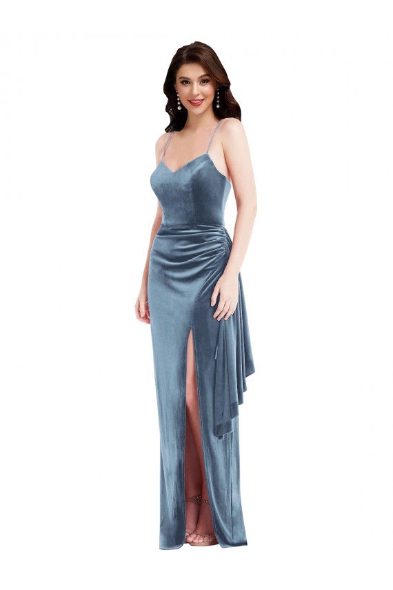 Online Spaghetti Strap Formal Velvet Maxi Bridesmaid Dress / Prom Dress with Draped Skirt UK