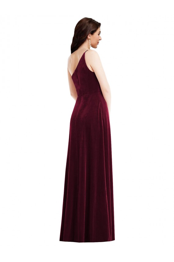 Online One Shoulder Spaghetti Strap Velvet Maxi Bridesmaid Dress / Prom Dress with Pockets UK