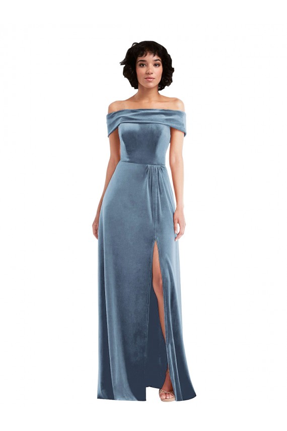 Online Draped Cuff Off the Shoulder Velvet Maxi Bridesmaid Dress / Prom Dress with Pockets UK