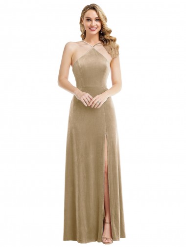Online High Neck Halter Open Back Long Velvet Maxi Bridesmaid Dress / Prom Dress & Pockets UK