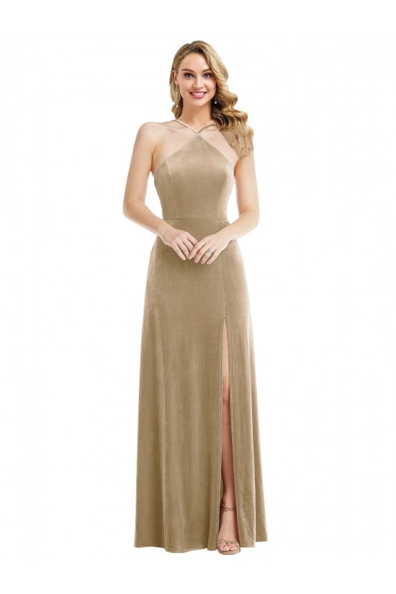 Online High Neck Halter Open Back Long Velvet Maxi Bridesmaid Dress / Prom Dress & Pockets UK