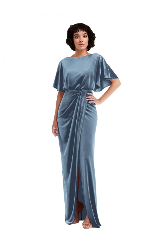 Online Flutter Sleeve Open Back Velvet Maxi Bridesmaid Dress / Prom Dress with Pockets & Draped Wrap Skirt Pockets UK