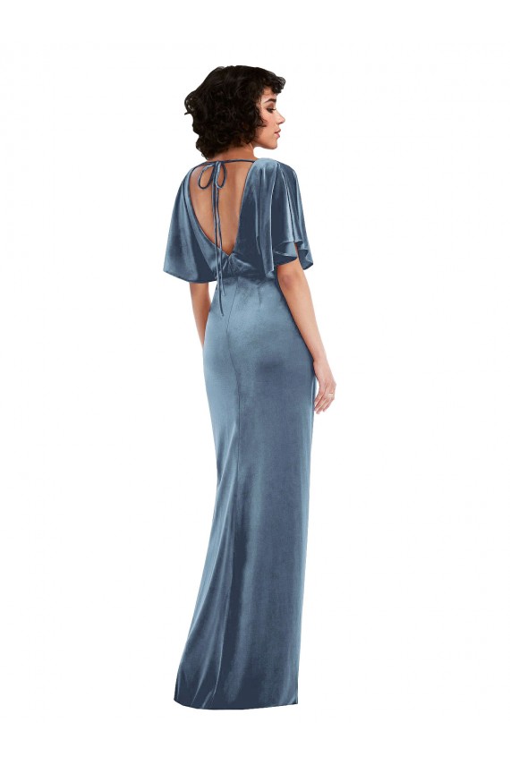 Online Flutter Sleeve Open Back Velvet Maxi Bridesmaid Dress / Prom Dress with Pockets & Draped Wrap Skirt Pockets UK