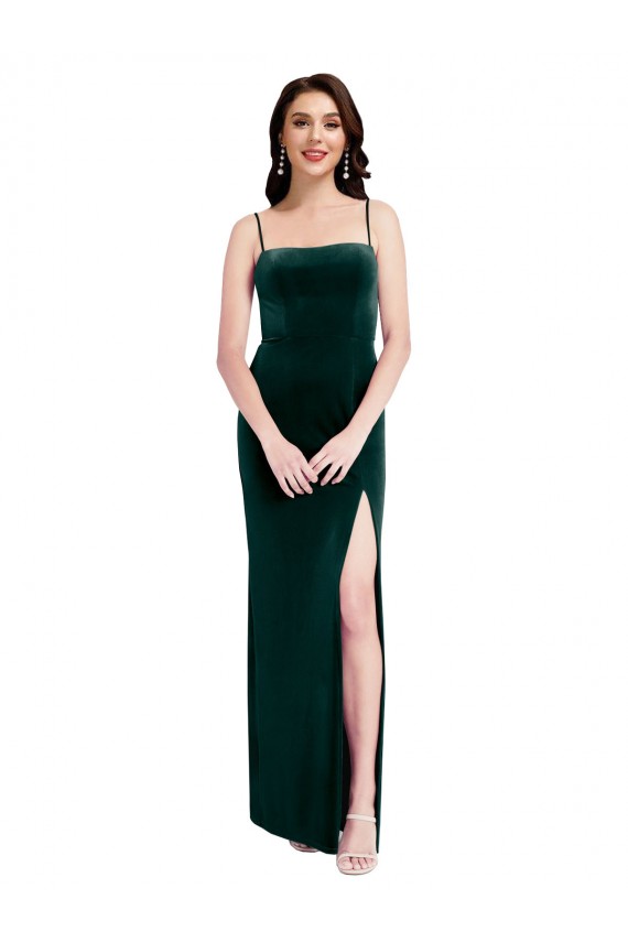 Online Straight Neckline Spaghetti Straps Long Velvet Bridesmaid Dress / Prom Dress with High Side Slit UK