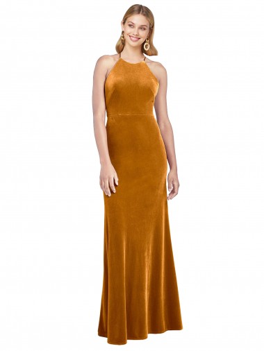 Online Halter Neckline Long Full Length Formal Velvet Bridesmaid Dress / Prom Dress with Strappy Back UK