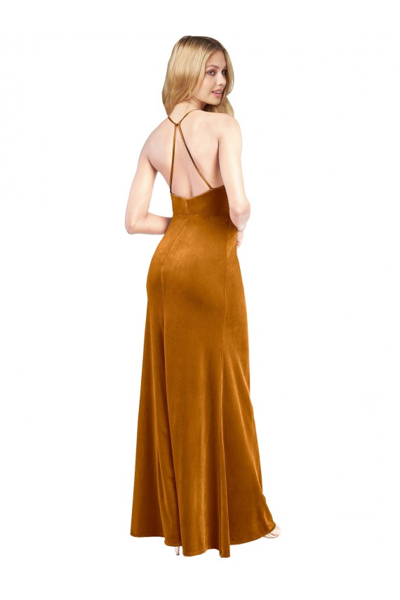 Online Halter Neckline Long Full Length Formal Velvet Bridesmaid Dress / Prom Dress with Strappy Back UK