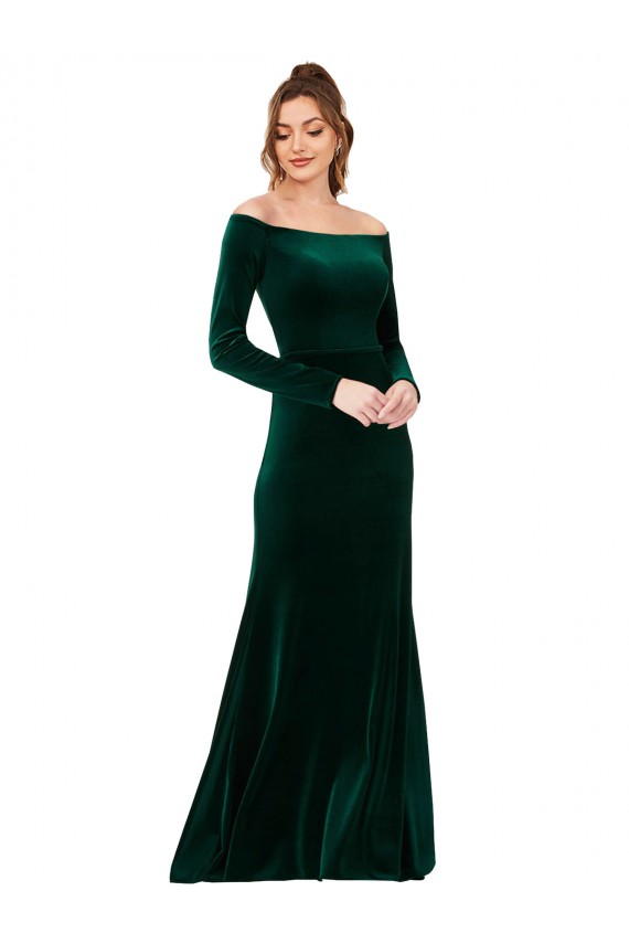 Online Off the Shoulder Long Sleeves Formal Stretch Velvet Bridesmaid Dress / Prom Dress UK
