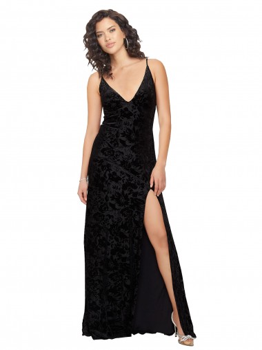 Online V-Neck Cowl Back Floral Velvet Bridesmaid Dress with Front Slit and Deep V-Neck UK
