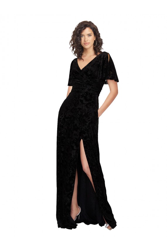 Online Split Sleeves V-Neck Floral Velvet Bridesmaid Dress with Front Slit UK