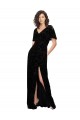 Online Split Sleeves V-Neck Floral Velvet Bridesmaid Dress with Front Slit UK