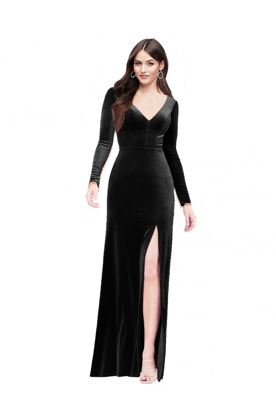 Online Long Sleeves Formal Velvet Bridesmaid Dress / Prom Dress with V-Neckline and Thigh Slit UK