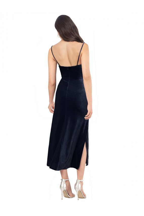 Online Midi Cocktail Length Formal Velvet Bridesmaid Dress / Prom Dress with Cowl Neck and Spaghetti Straps UK
