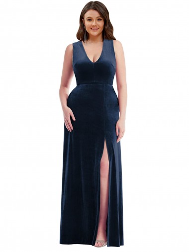 Online Deep V-Neck Sleeveless Formal Velvet Maxi Bridesmaid Dress / Prom Dress with Pockets UK