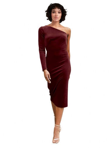 Online One Shoulder Fitted Short Midi Length Velvet Bridesmaid Dress / Prom Dress UK