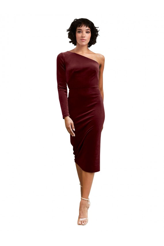 Online One Shoulder Fitted Short Midi Length Velvet Bridesmaid Dress / Prom Dress UK